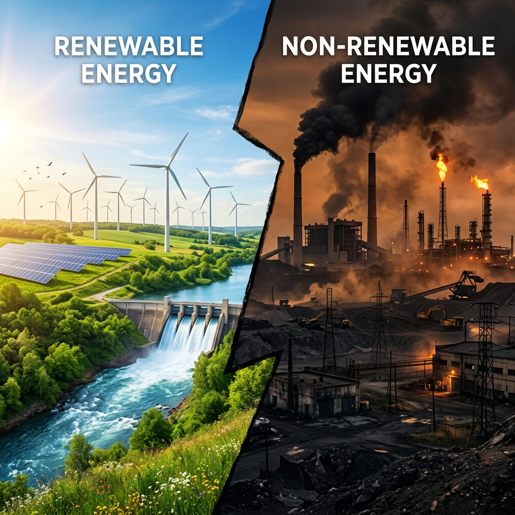 Split image with wind turbines, solar panels, and a hydroelectric dam on left, and industrial smokestacks emitting smoke and flames on right