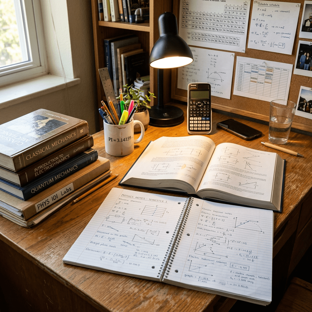 Desk with physics textbooks, a calculator, notes, and a study lamp
