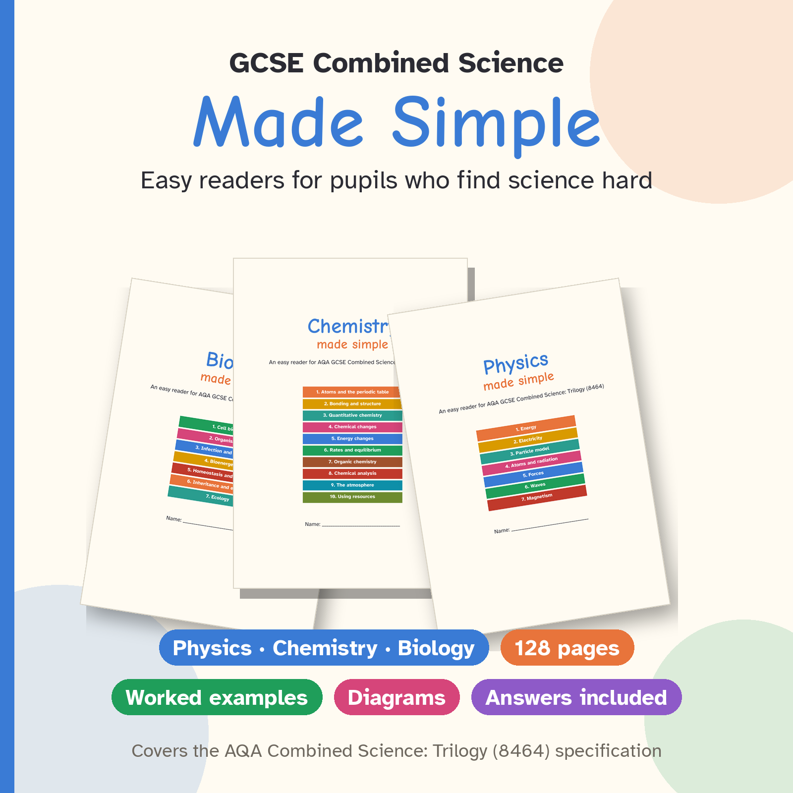 Covers of the Physics, Chemistry and Biology Made Simple easy reader booklets for AQA Combined Science Trilogy